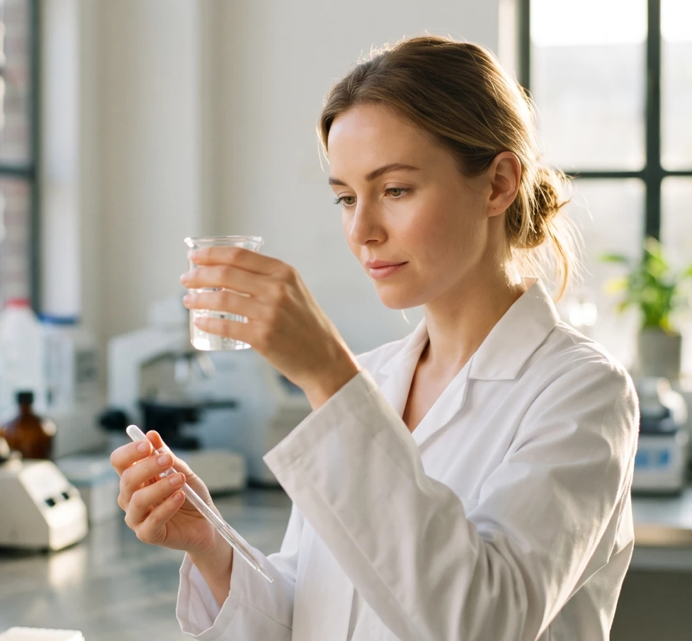 Woman holding glass of water.
